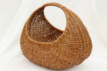 catalog photo of vintage wicker basket, round hoop handle market basket or sewing basket