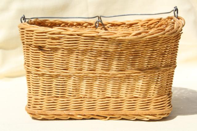 photo of vintage wicker bike basket or clothespins basket w/ wire hanger for wash line #4
