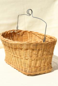 catalog photo of vintage wicker bike basket or clothespins basket w/ wire hanger for wash line