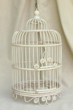 catalog photo of vintage wicker birdcage w/ old white paint, rattan basket weave bird cage plant hanger