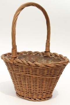 catalog photo of vintage wicker flower basket w/ original old zinc metal liner planter pot