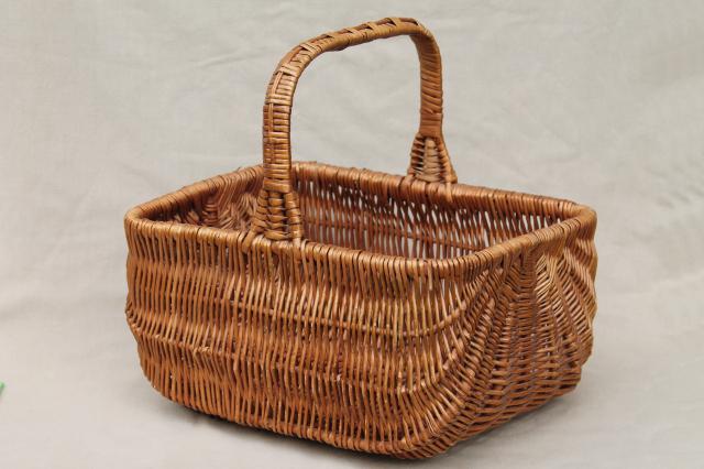 photo of vintage wicker market basket, big old primitive gathering basket #1