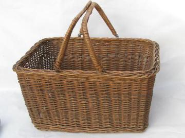 catalog photo of vintage wicker market basket, open picnic hamper w/ handles