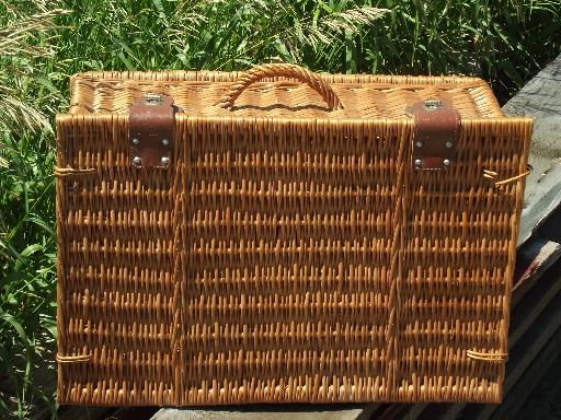 photo of vintage wicker picnic basket, suitcase hamper w/ faux leather clasps #1