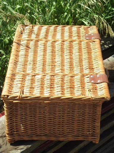 photo of vintage wicker picnic basket, suitcase hamper w/ faux leather clasps #2