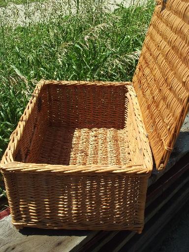 photo of vintage wicker picnic basket, suitcase hamper w/ faux leather clasps #4