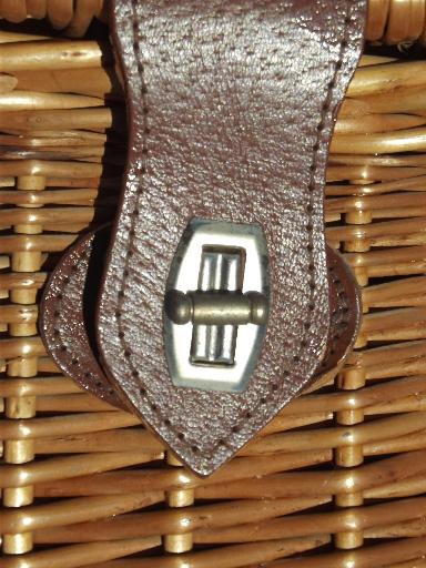 photo of vintage wicker picnic basket, suitcase hamper w/ faux leather clasps #8