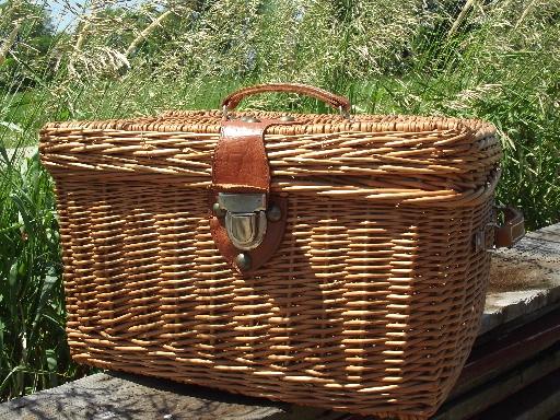 photo of vintage wicker picnic basket, suitcase hamper w/ faux leather handles #1