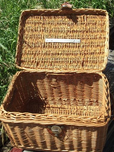 photo of vintage wicker picnic basket, suitcase hamper w/ faux leather handles #6