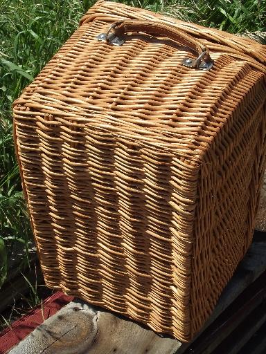 photo of vintage wicker picnic basket, suitcase hamper w/ faux leather handles #8