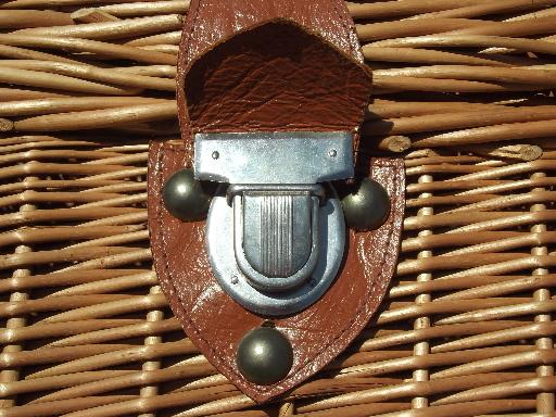 photo of vintage wicker picnic basket, suitcase hamper w/ faux leather handles #9