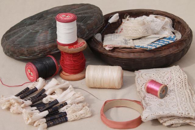 photo of vintage wicker sewing basket full of antique lace & trims, spools of cord thread #1