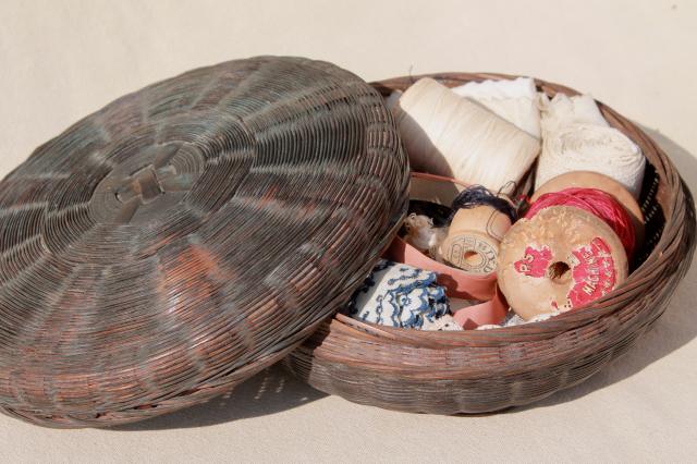 photo of vintage wicker sewing basket full of antique lace & trims, spools of cord thread #10