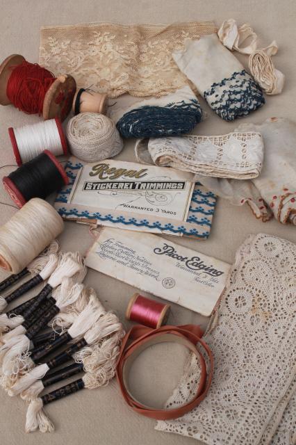 photo of vintage wicker sewing basket full of antique lace & trims, spools of cord thread #12