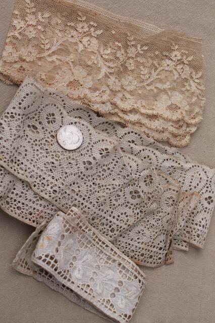 photo of vintage wicker sewing basket full of antique lace & trims, spools of cord thread #18
