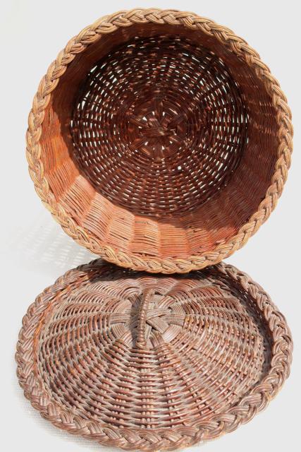 photo of vintage wicker sewing basket, primitive old round bucket shape hamper w/ lid #7