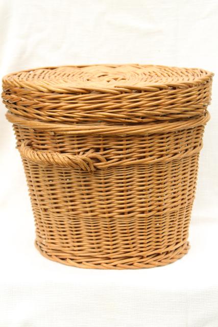 photo of vintage wicker sewing basket / storage hamper, flat table top round basket for needlework #1