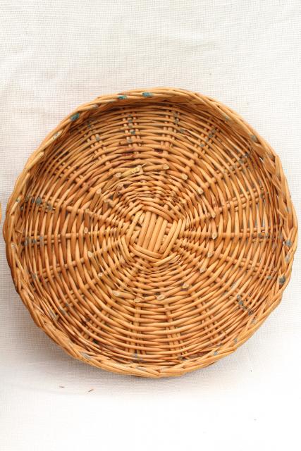 photo of vintage wicker sewing basket / storage hamper, flat table top round basket for needlework #2