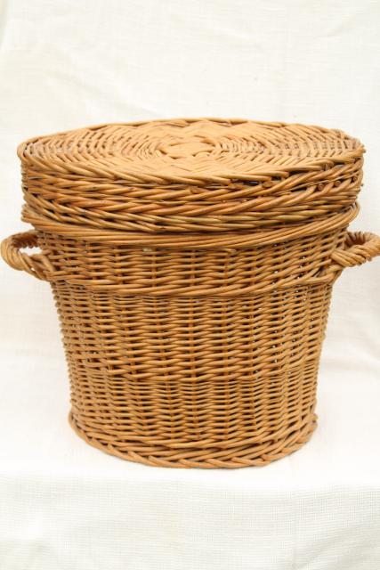 photo of vintage wicker sewing basket / storage hamper, flat table top round basket for needlework #3