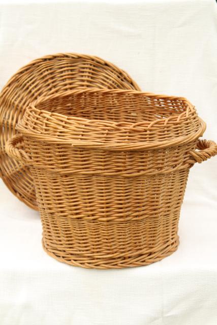 photo of vintage wicker sewing basket / storage hamper, flat table top round basket for needlework #5