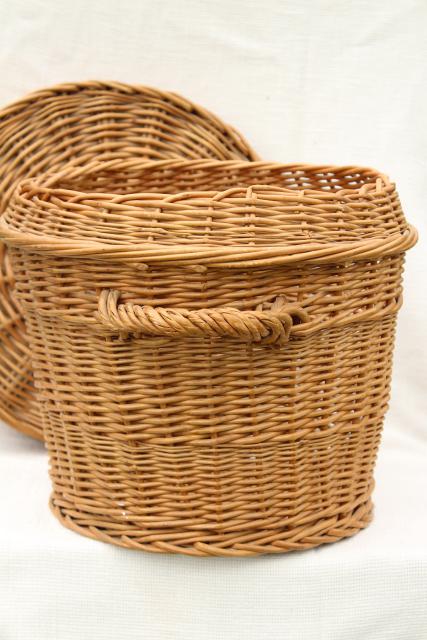 photo of vintage wicker sewing basket / storage hamper, flat table top round basket for needlework #6
