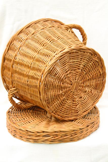 photo of vintage wicker sewing basket / storage hamper, flat table top round basket for needlework #9