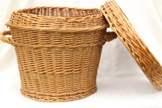 photo of vintage wicker sewing basket / storage hamper, flat table top round basket for needlework #10