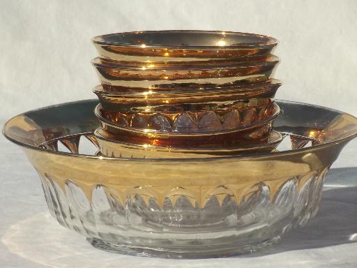 photo of vintage wide gold band crown pattern glass bowls, salad bowl or berry set #7