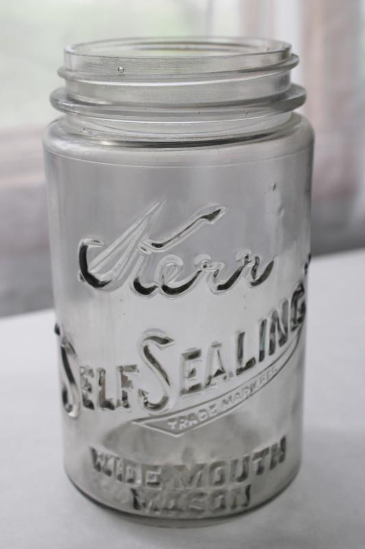 photo of vintage wide mouth Mason jar 1915 patent date Kerr quart jar w/ heavy embossed lettering #1