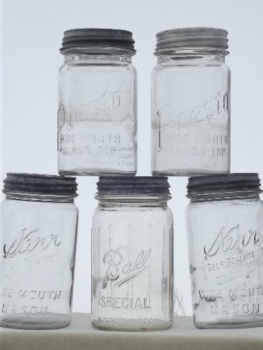 photo of vintage wide mouth canning jars, old mason jar canisters w/ zinc lids #1