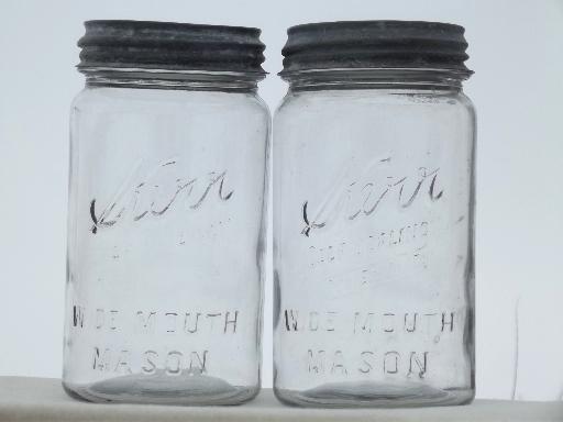 photo of vintage wide mouth canning jars, old mason jar canisters w/ zinc lids #2