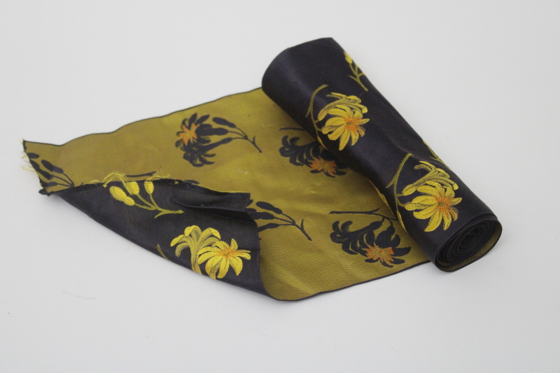 photo of vintage wide silk ribbon Japanese obi sash belt, black w/ gold flowers reversible fabric #1