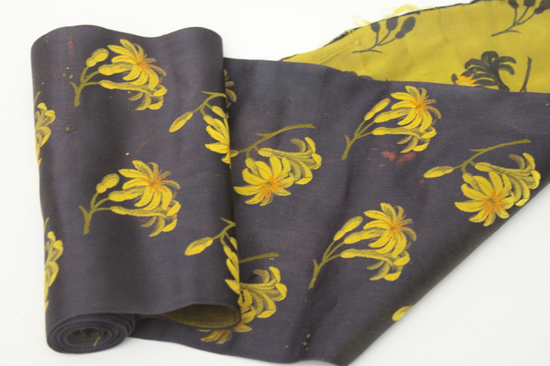 photo of vintage wide silk ribbon Japanese obi sash belt, black w/ gold flowers reversible fabric #3