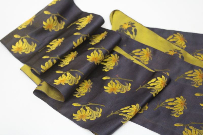 photo of vintage wide silk ribbon Japanese obi sash belt, black w/ gold flowers reversible fabric #5