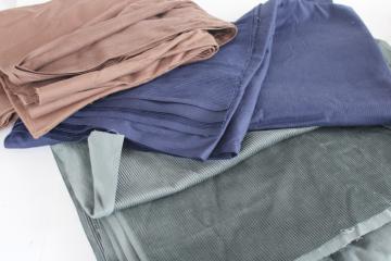 catalog photo of vintage wide wale cotton corduroy fabric lot, green, khaki brown, navy blue