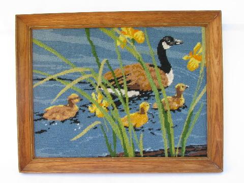 photo of vintage wildlife print needlepoint picture, Canada geese in wood frame #1