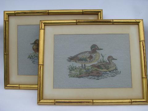 photo of vintage wildlife print needlepoint pictures, ducks in french gold wood frames #1