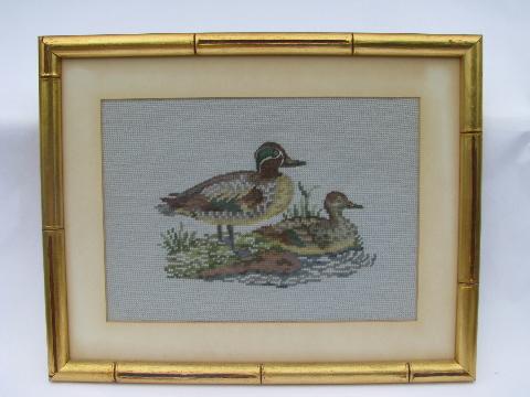 photo of vintage wildlife print needlepoint pictures, ducks in french gold wood frames #3