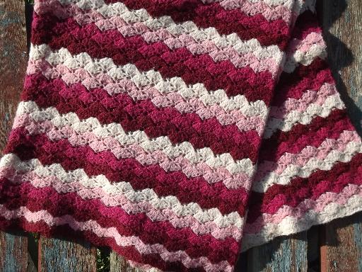 photo of vintage wine and pink raspberry ripple striped handmade crochet afghan #2
