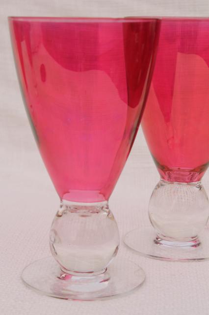 photo of vintage wine glasses, cranberry ruby red stain bowl on crystal clear ball stems #2