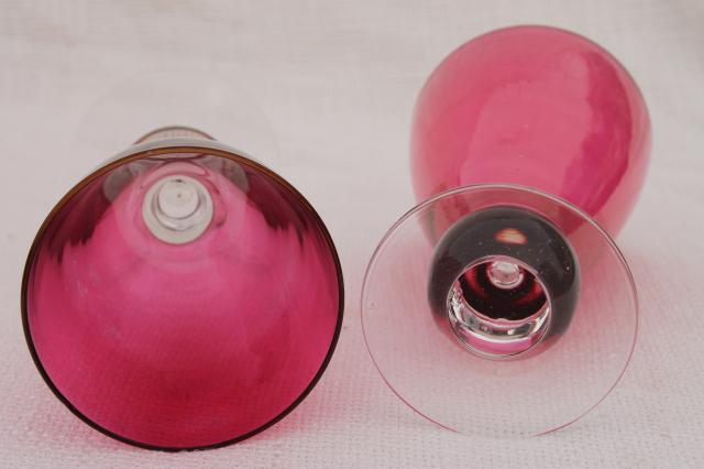 photo of vintage wine glasses, cranberry ruby red stain bowl on crystal clear ball stems #3