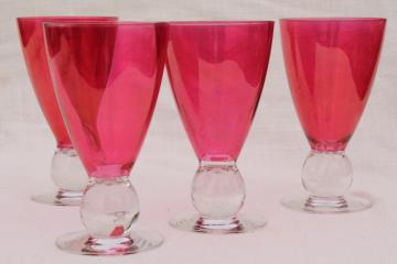 catalog photo of vintage wine glasses, cranberry ruby red stain bowl on crystal clear ball stems