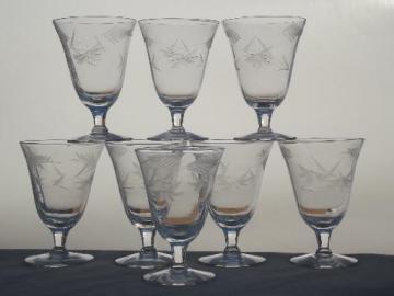 catalog photo of vintage wine glasses w/ etched ferns pattern, old wheel cut pattern glass 