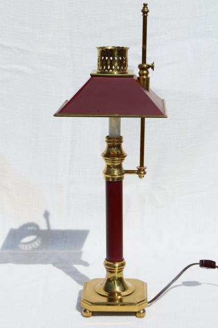 photo of vintage wine red tole desk lamp, solid brass adjustable candlestick lamp #1