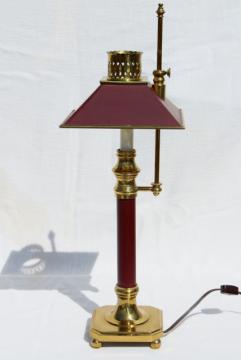 catalog photo of vintage wine red tole desk lamp, solid brass adjustable candlestick lamp