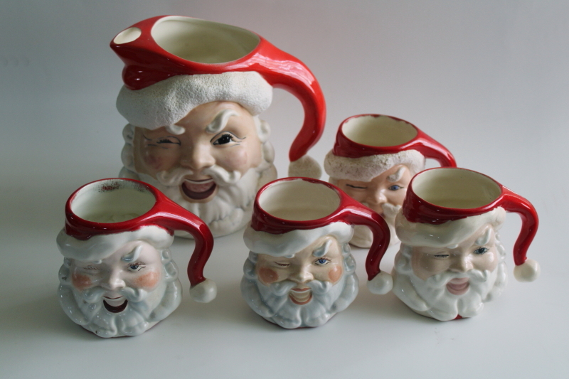 vintage winking Santa head mugs rare large pitcher, hand painted ceramic