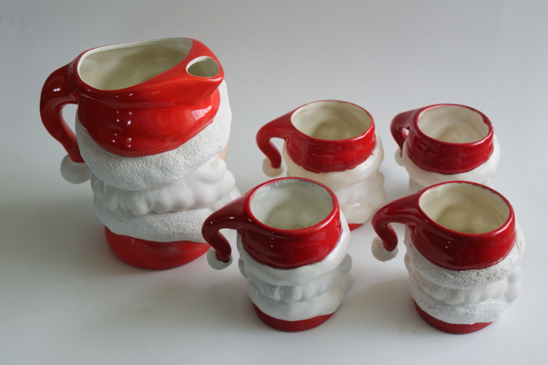 photo of vintage winking Santa head mugs & rare large pitcher, hand painted ceramic  #2