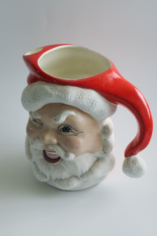 photo of vintage winking Santa head mugs & rare large pitcher, hand painted ceramic  #3