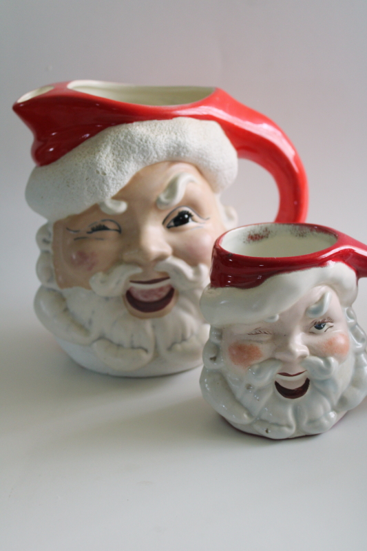 photo of vintage winking Santa head mugs & rare large pitcher, hand painted ceramic  #9