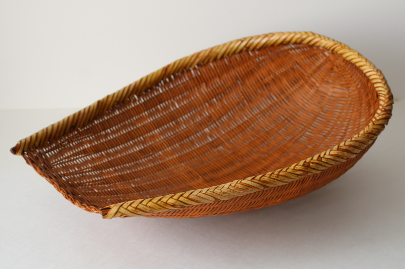 photo of vintage winnowing basket woven bamboo, large open scoop shape basket handmade  #1